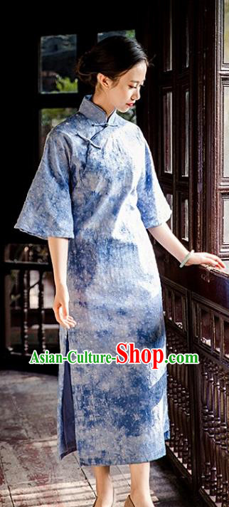 Chinese National Women Cheongsam Traditional Tie Dye Clothing Classical Blue Qipao Dress