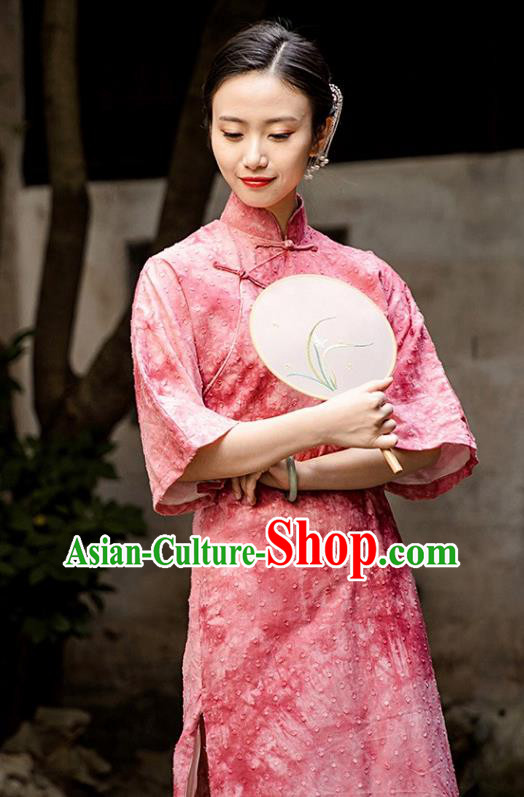 Chinese Classical Pink Qipao Dress National Women Cheongsam Traditional Tie Dye Clothing