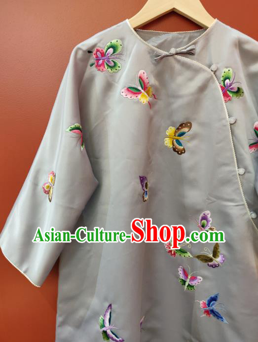 Chinese National Women Clothing Traditional Embroidered Butterfly Grey Silk Cheongsam Classical Qipao Dress
