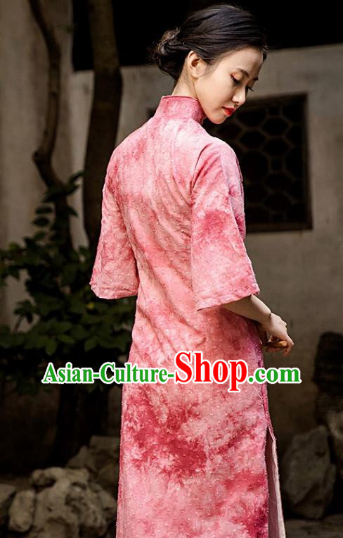 Chinese Classical Pink Qipao Dress National Women Cheongsam Traditional Tie Dye Clothing