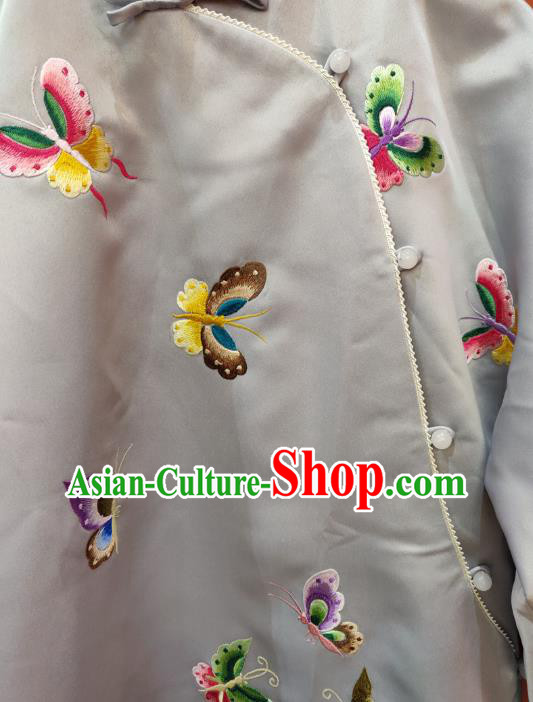 Chinese National Women Clothing Traditional Embroidered Butterfly Grey Silk Cheongsam Classical Qipao Dress