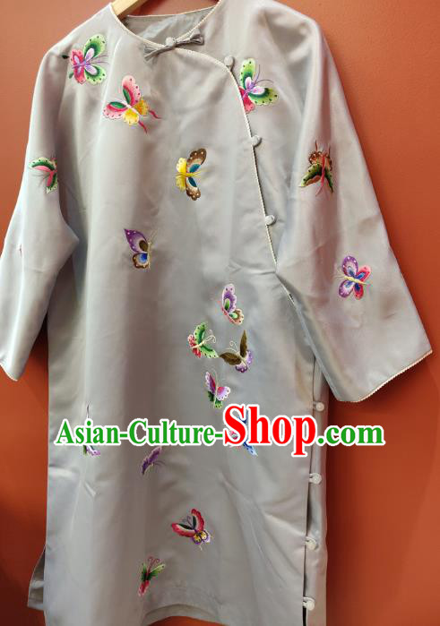 Chinese National Women Clothing Traditional Embroidered Butterfly Grey Silk Cheongsam Classical Qipao Dress