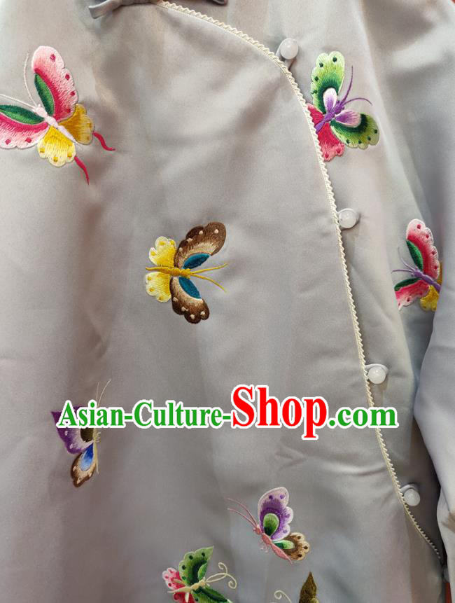 Chinese National Women Clothing Traditional Embroidered Butterfly Grey Silk Cheongsam Classical Qipao Dress