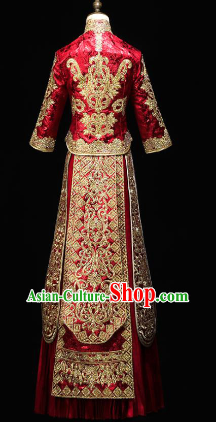 Chinese Wedding Toast Outfits Clothing Bride Costumes Traditional Embroidery Red Xiuhe Suit