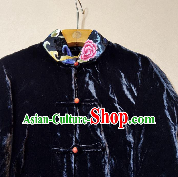 China Traditional Tang Suit Navy Velvet Coat Woman Embroidered Peony JacketChina Traditional Tang Suit Navy Velvet Coat Woman Embroidered Peony Jacket
