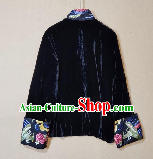 China Traditional Tang Suit Navy Velvet Coat Woman Embroidered Peony Jacket