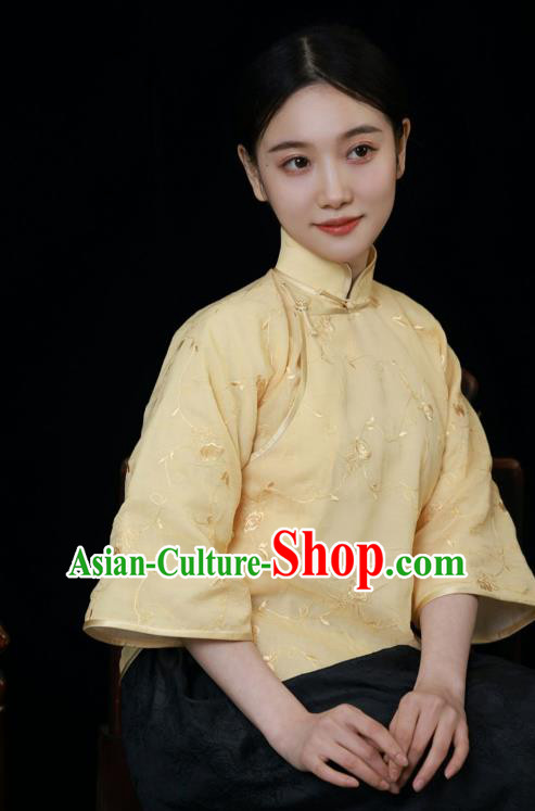 China Tang Suit Upper Outer Garment Slant Opening Blouse Classical Light Yellow Cheongsam Shirt