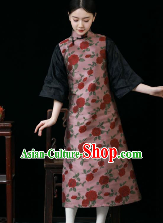 Chinese Classical Deep Pink Long Vest Dress National Cheongsam Traditional Women Clothing