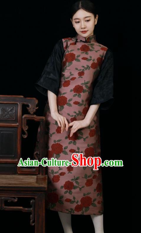 Chinese Classical Deep Pink Long Vest Dress National Cheongsam Traditional Women Clothing