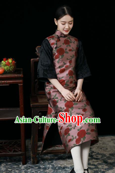 Chinese Classical Deep Pink Long Vest Dress National Cheongsam Traditional Women Clothing