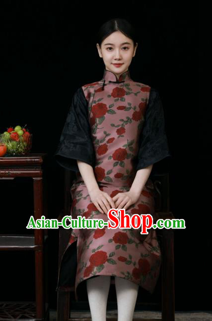 Chinese Classical Deep Pink Long Vest Dress National Cheongsam Traditional Women Clothing
