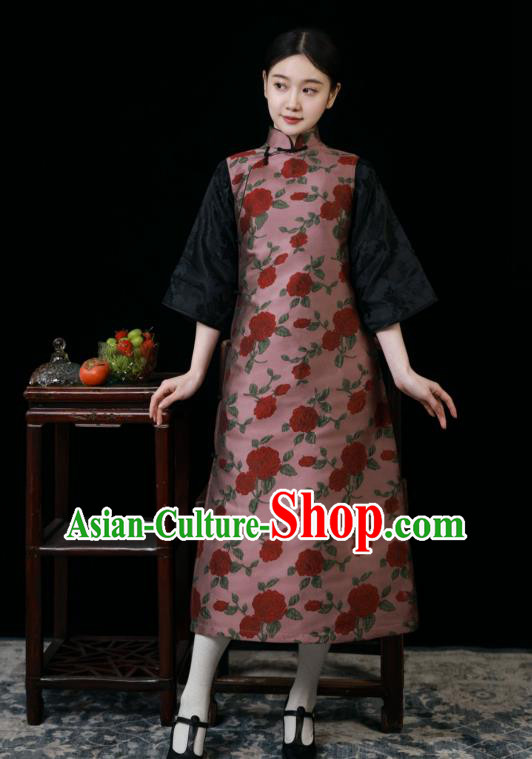 Chinese Classical Deep Pink Long Vest Dress National Cheongsam Traditional Women Clothing