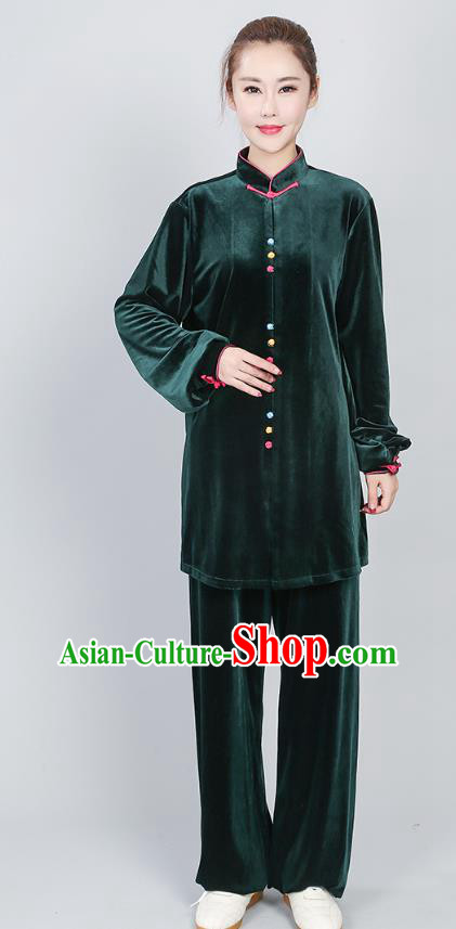 China Tai Chi Performance Costumes Martial Arts Atrovirens Pleuche Uniforms Kung Fu Training Clothing