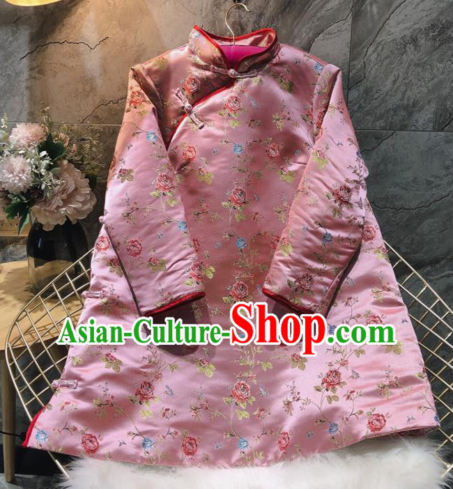 China Woman Classical Rose Pattern Pink Brocade Cotton Padded Jacket Traditional Tang Suit Overcoat