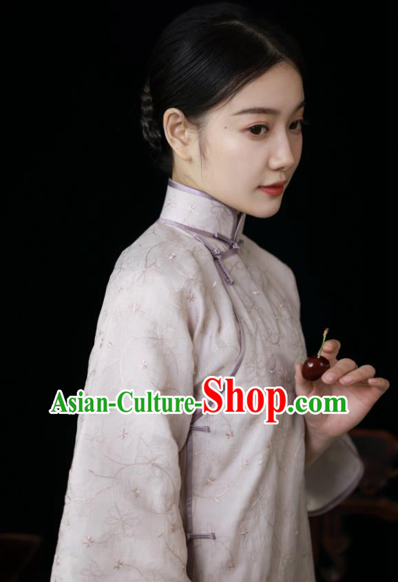 Chinese Traditional Women Embroidered Clothing Classical Lilac Qipao Dress National Wide Sleeve Cheongsam