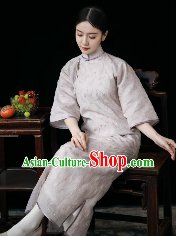 Chinese Traditional Women Embroidered Clothing Classical Lilac Qipao Dress National Wide Sleeve Cheongsam