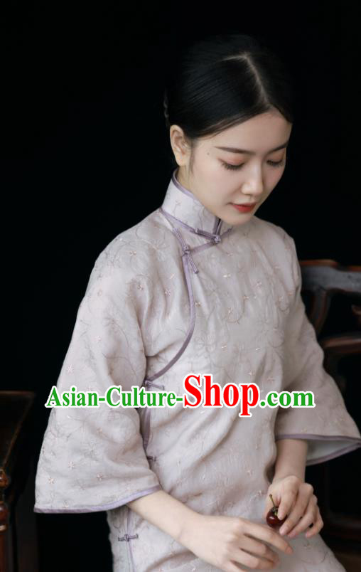 Chinese Traditional Women Embroidered Clothing Classical Lilac Qipao Dress National Wide Sleeve Cheongsam