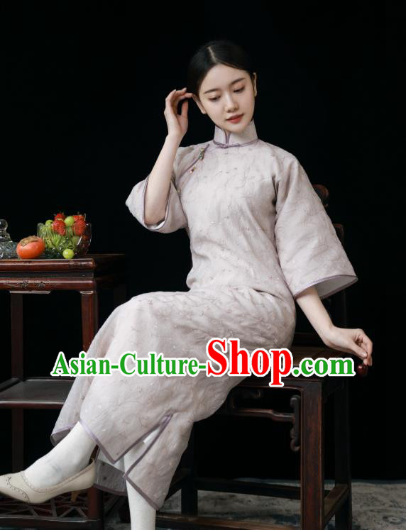 Chinese Traditional Women Embroidered Clothing Classical Lilac Qipao Dress National Wide Sleeve Cheongsam