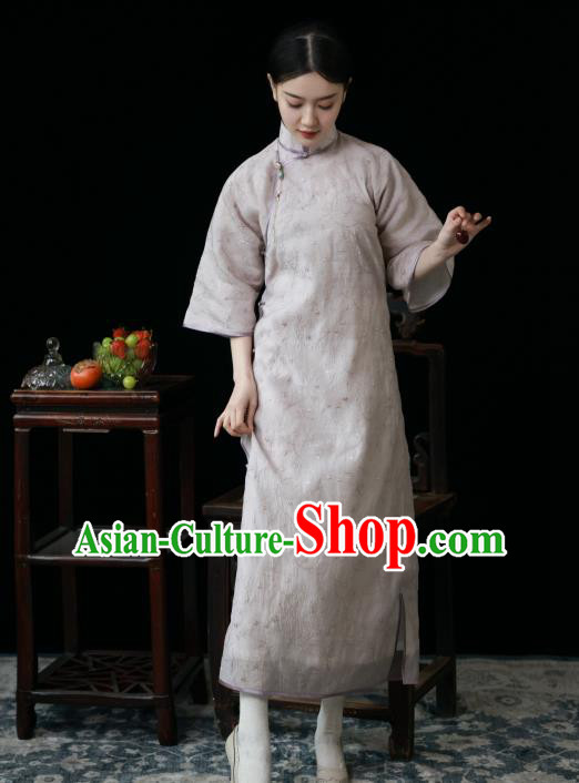 Chinese Traditional Women Embroidered Clothing Classical Lilac Qipao Dress National Wide Sleeve Cheongsam