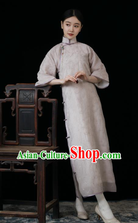 Chinese Traditional Women Embroidered Clothing Classical Lilac Qipao Dress National Wide Sleeve Cheongsam