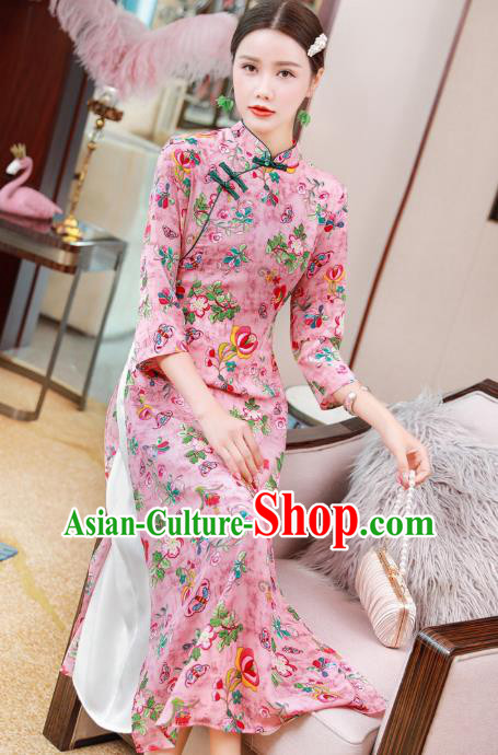 Chinese Classical Qipao Dress National Women Clothing Traditional Printing Flowers Pink Flax Cheongsam