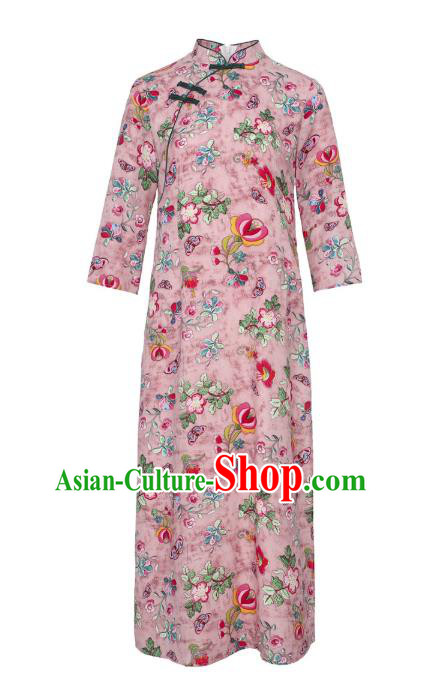 Chinese Classical Qipao Dress National Women Clothing Traditional Printing Flowers Pink Flax Cheongsam