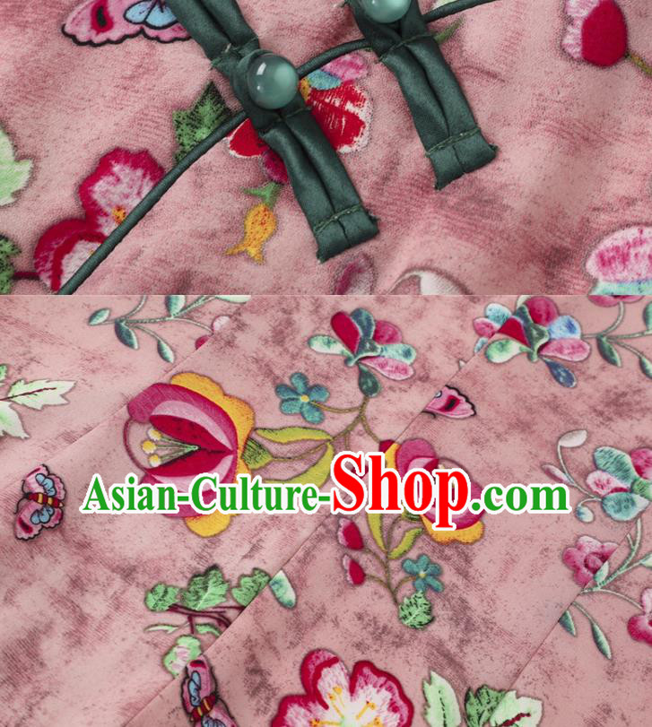 Chinese Classical Qipao Dress National Women Clothing Traditional Printing Flowers Pink Flax Cheongsam