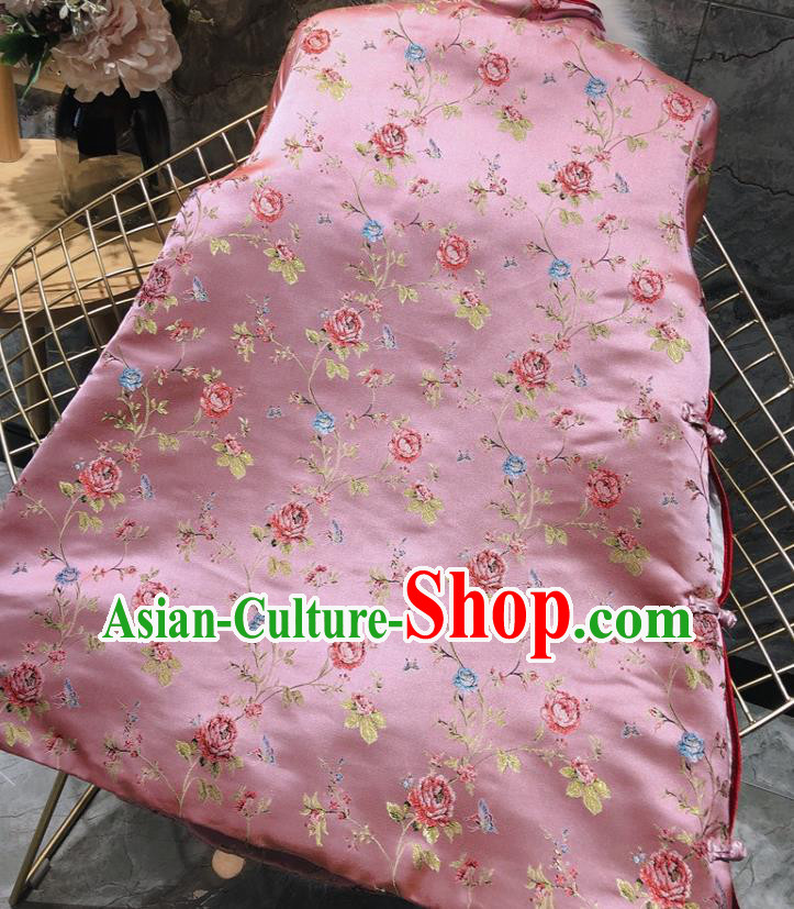 China Woman Classical Rose Pattern Pink Brocade Cotton Padded Jacket Traditional Tang Suit Overcoat