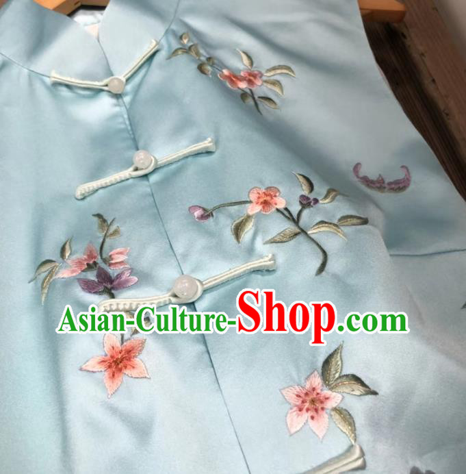 Chinese National Embroidered Blue Silk Vest Upper Outer Garment Tang Suit Waistcoat