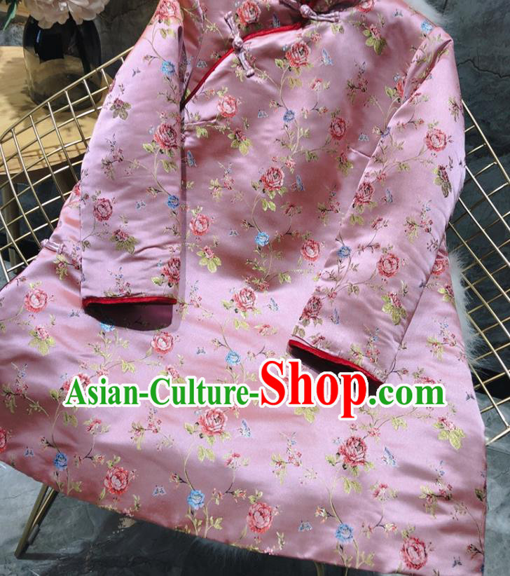 China Woman Classical Rose Pattern Pink Brocade Cotton Padded Jacket Traditional Tang Suit Overcoat