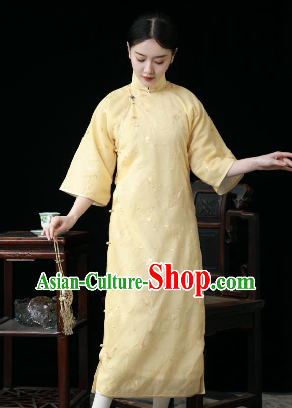 Chinese National Women Cheongsam Traditional Embroidered Clothing Classical Light Yellow Qipao Dress