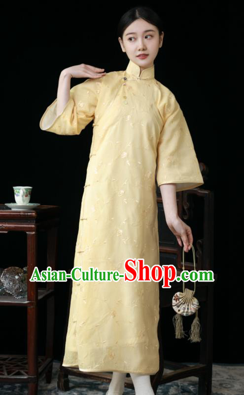 Chinese National Women Cheongsam Traditional Embroidered Clothing Classical Light Yellow Qipao Dress