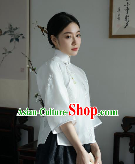 China Classical White Organza Shirt Tang Suit Upper Outer Garment Cheongsam Wide Sleeve Blouse