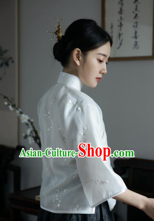China Classical White Organza Shirt Tang Suit Upper Outer Garment Cheongsam Wide Sleeve Blouse