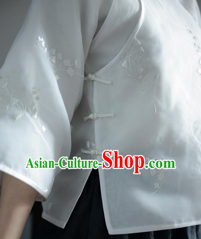 China Classical White Organza Shirt Tang Suit Upper Outer Garment Cheongsam Wide Sleeve Blouse