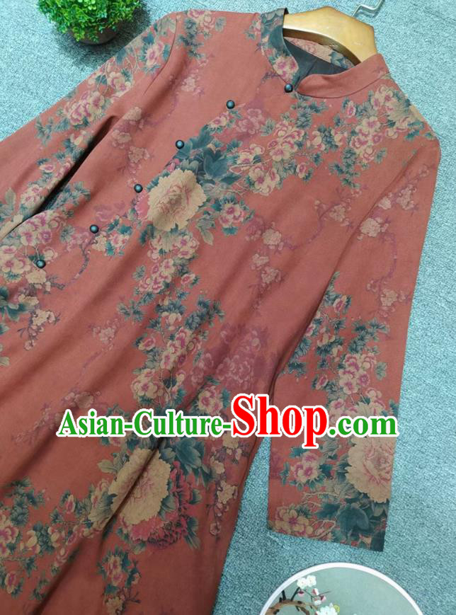 Chinese Classical Red Qipao Dress Traditional Peony Pattern Cheongsam National Women Clothing