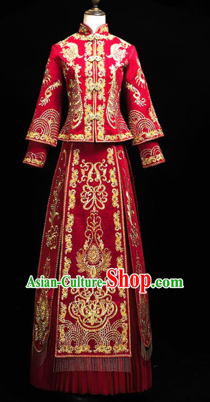 Chinese Ancient Bride Costumes Traditional Embroidery Red Xiuhe Suit Wedding Toast Outfits Clothing
