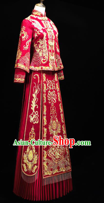 Chinese Ancient Bride Costumes Traditional Embroidery Red Xiuhe Suit Wedding Toast Outfits Clothing