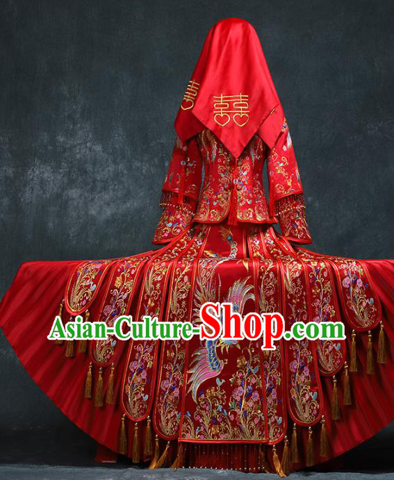 Chinese Traditional Embroidery Phoenix Peony Xiuhe Suit Wedding Toast Red Outfits Clothing Ancient Bride Costumes