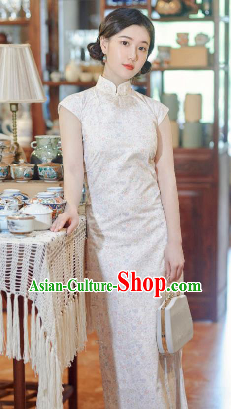 Republic of China Young Lady Clothing National Qipao Dress Classical Beige Cheongsam