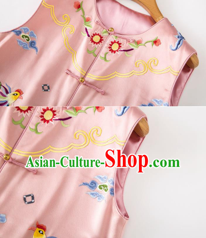 Chinese Embroidered Phoenix Pink Silk Vest National Women Clothing Tang Suit Waistcoat