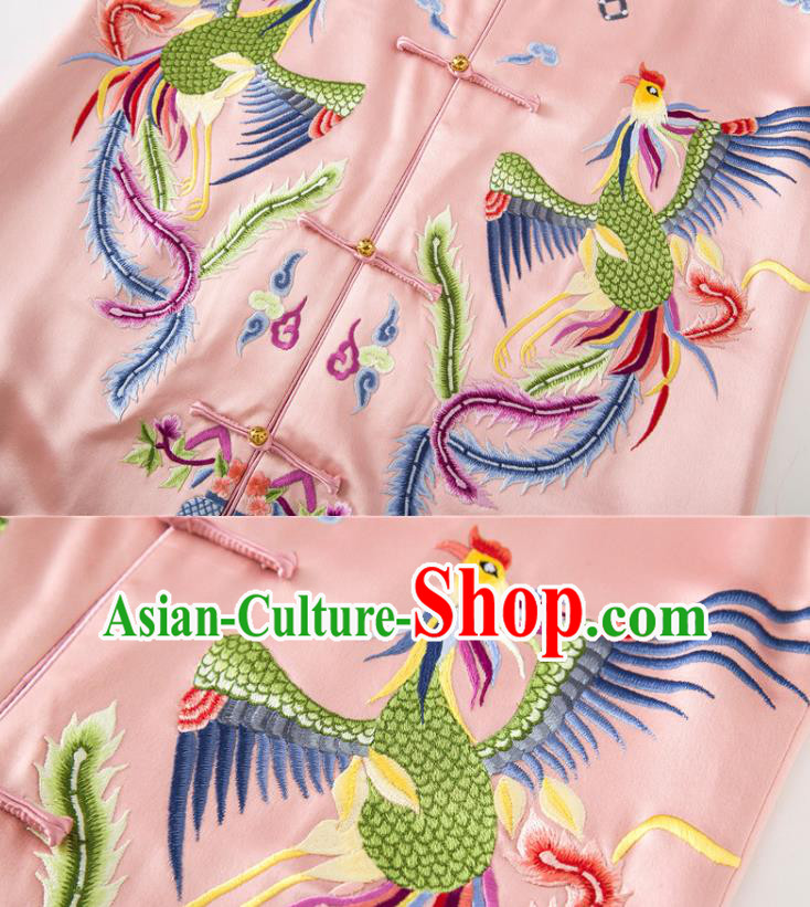 Chinese Embroidered Phoenix Pink Silk Vest National Women Clothing Tang Suit Waistcoat