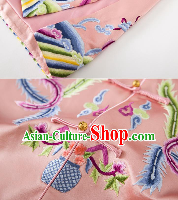 Chinese Embroidered Phoenix Pink Silk Vest National Women Clothing Tang Suit Waistcoat
