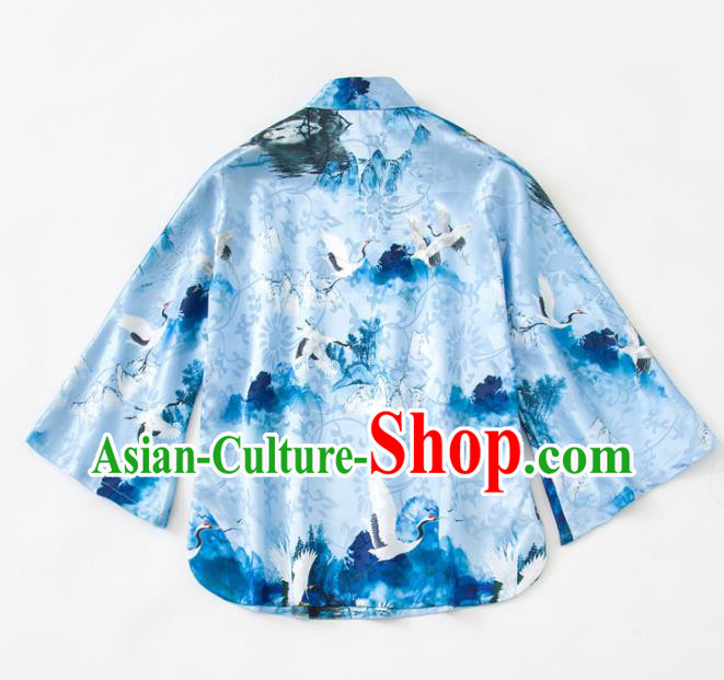 China Woman Printing Crane Blue Silk Shirt Upper Outer Garment Traditional Tang Suit Blouse