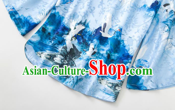 China Woman Printing Crane Blue Silk Shirt Upper Outer Garment Traditional Tang Suit Blouse