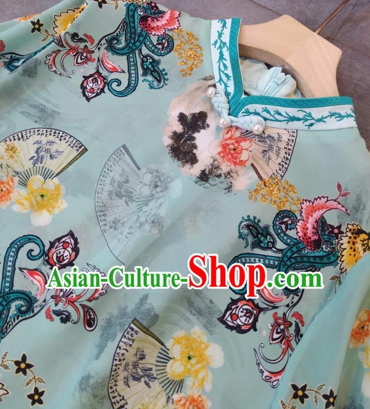 Chinese Classical Qipao Dress National Women Clothing Traditional Printing Green Cheongsam