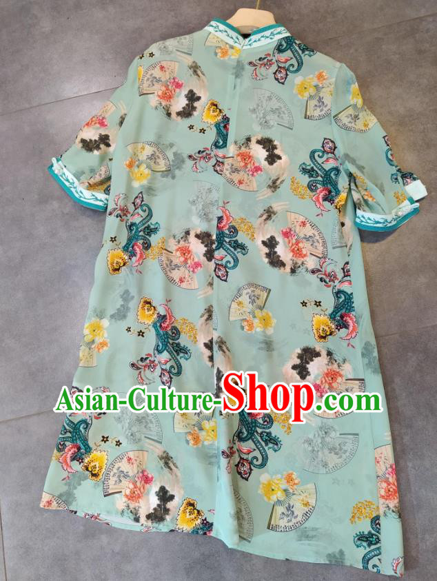 Chinese Classical Qipao Dress National Women Clothing Traditional Printing Green Cheongsam