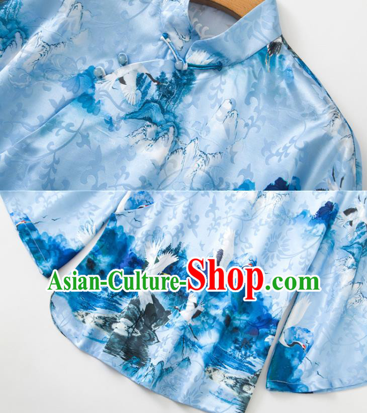China Woman Printing Crane Blue Silk Shirt Upper Outer Garment Traditional Tang Suit Blouse