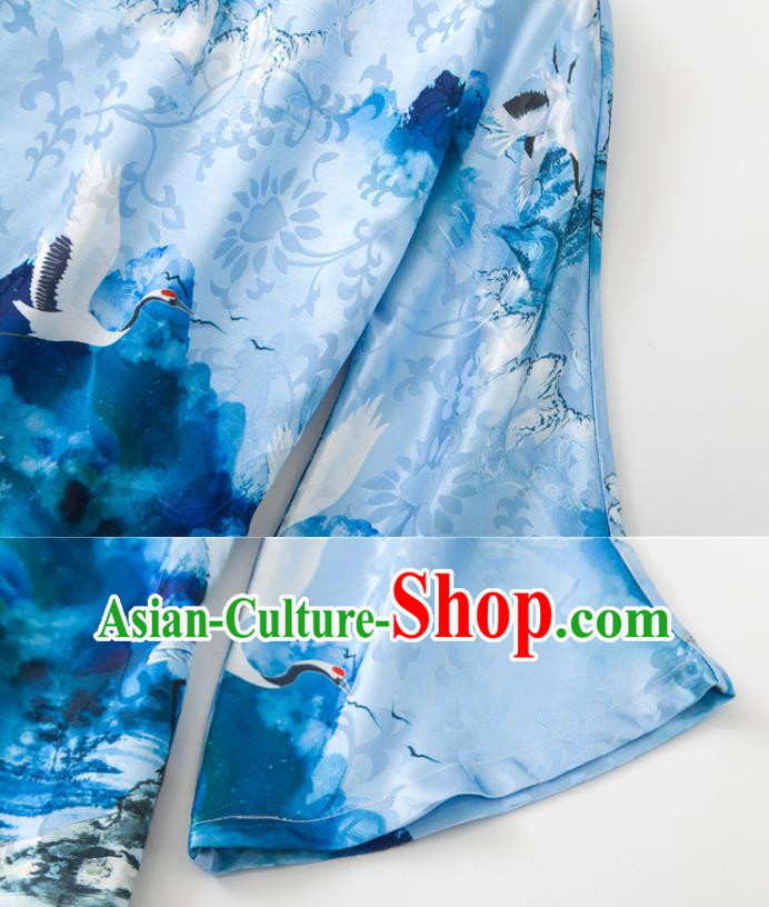 China Woman Printing Crane Blue Silk Shirt Upper Outer Garment Traditional Tang Suit Blouse
