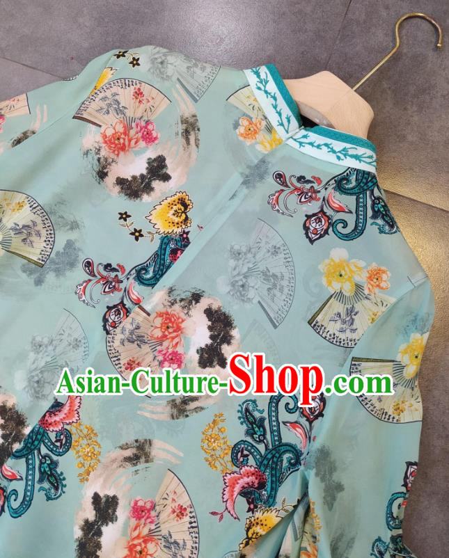 Chinese Classical Qipao Dress National Women Clothing Traditional Printing Green Cheongsam